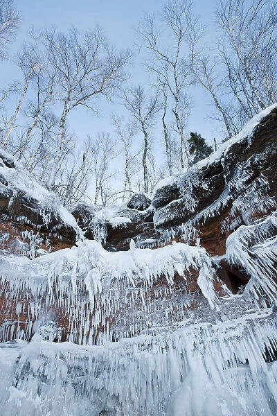 Icicles hanging from sandstone cliffs on shoreline, Apostle Islands National Lakeshore