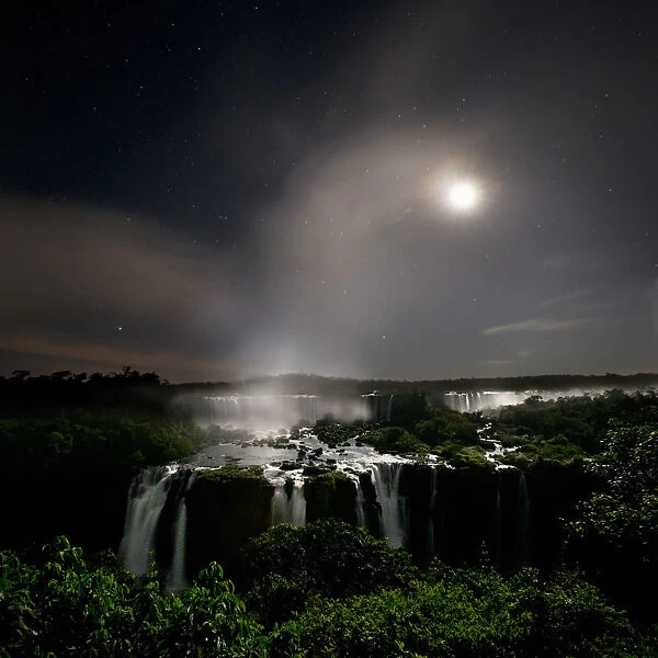 Iguasu Falls by moonlight, on the Iguasu River, Brazil  /  Argentina border