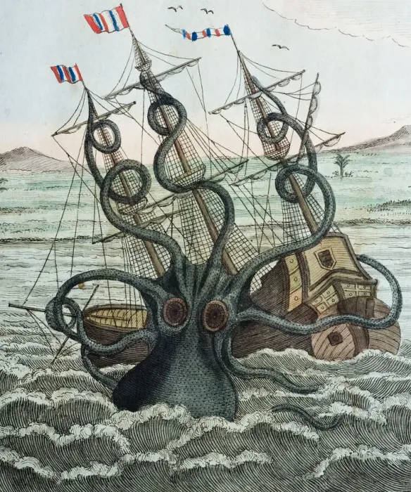 Framed Print : Illustration of Giant Octopus (Octopus dofleini) attacking a ship Framed Print : Illustration of Giant Octopus (Octopus dofleini) attacking a ship
