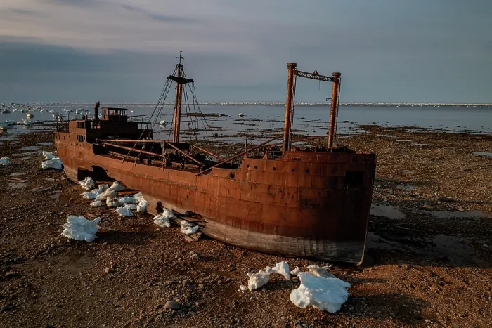 Framed Print : The Ithaka shipwreck on the shores of the Hudson Bay, northern Manitoba, Canada. June, 2024
