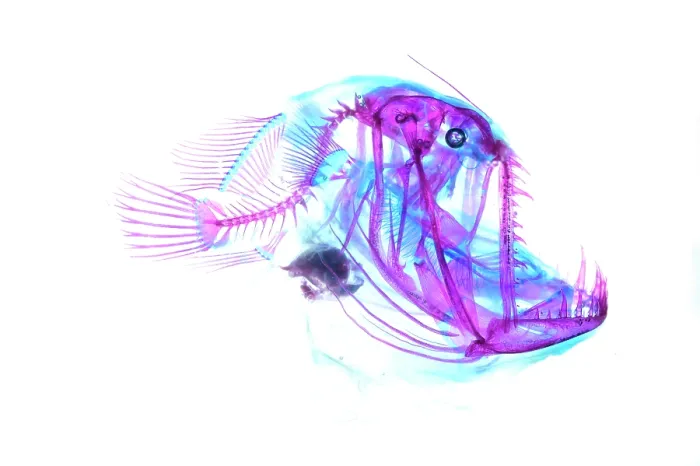 Framed Print : Johnson's abyssal seadevil (Melanocetus johnsonii) portrait, cleared and stained by scientists, showing cartilage in blue and bones in red Framed Print : Johnson's abyssal seadevil (Melanocetus johnsonii) portrait, cleared and stained by scientists, showing cartilage in blue and bones in red