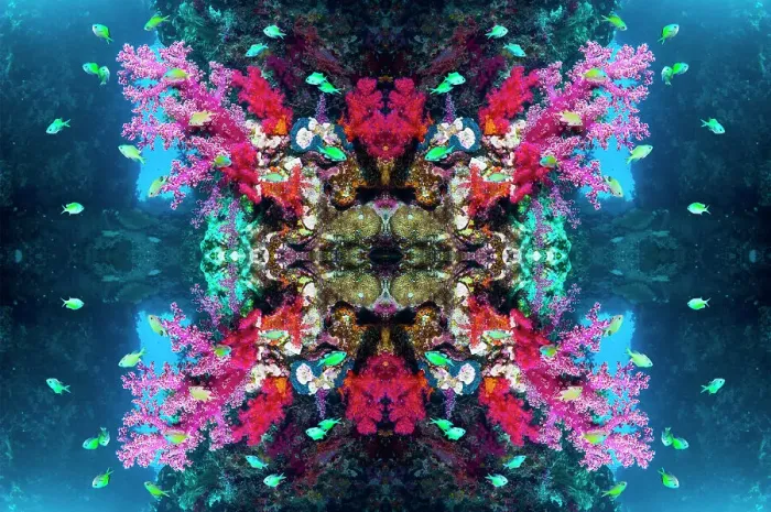 Framed Print : Kaleidoscopic image of Blue-green chromis (Chromis atripectoralis) Coral reef landscape Framed Print : Kaleidoscopic image of Blue-green chromis (Chromis atripectoralis) Coral reef landscape