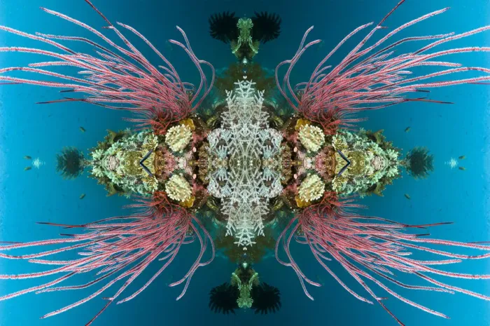 Framed Print : Kaleidoscopic image of coral reef with Red sea whips (Ellisella ceratophyta). Misool Framed Print : Kaleidoscopic image of coral reef with Red sea whips (Ellisella ceratophyta). Misool