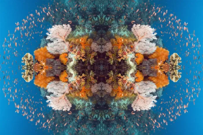 Framed Print : Kaleidoscopic image of Coral reef scenery with gorgonian, soft corals and Lyretail anthias Framed Print : Kaleidoscopic image of Coral reef scenery with gorgonian, soft corals and Lyretail anthias
