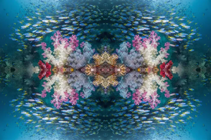 Framed Print : Kaleidoscopic image of coral reef with soft corals (Dendropnethya) shoal of Yellow back fusilliers Framed Print : Kaleidoscopic image of coral reef with soft corals (Dendropnethya) shoal of Yellow back fusilliers