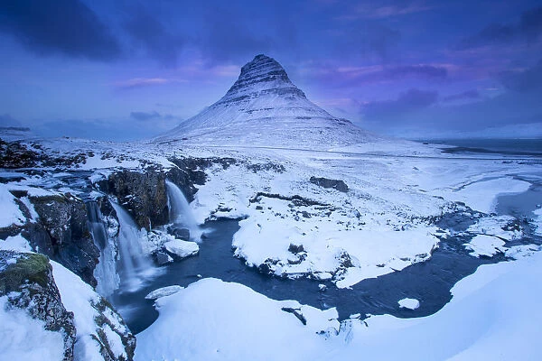 Kirkjufell mountain, landscape at dawn with waterfall in foreground, Snaefellsnes peninsula