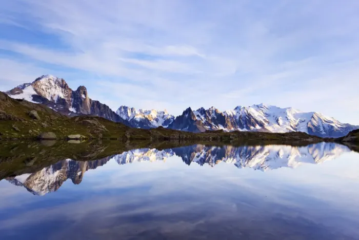 Framed Print : Lacs des Cheserys with Aiguille Vert (4, 122m) left, Aiguilles de Chamonix with Mont Blanc (4