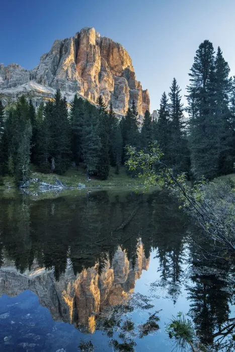 Framed Print : Lago Bain de Dones with Tofana de Rozes reflected, Dolomite Mountains, Belluno Province Framed Print : Lago Bain de Dones with Tofana de Rozes reflected, Dolomite Mountains, Belluno Province