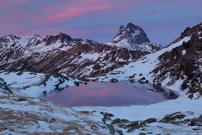 Framed Print : Lake in snow-covered mountains at dusk, with the peak of the Midi d´Ossau in Pyrennes National Park, France in background, Anayet Lakes, Tena Valley, Pyrenees, Spain Framed Print : Lake in snow-covered mountains at dusk, with the peak of the Midi d´Ossau in Pyrennes National Park, France in background, Anayet Lakes, Tena Valley, Pyrenees, Spain