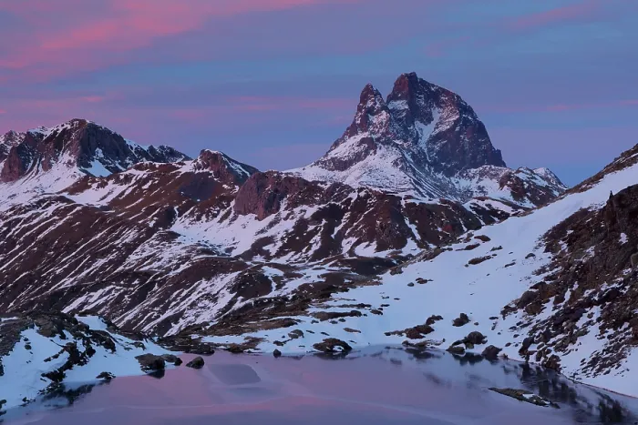 Framed Print : Lake in snow-covered mountains at dusk, with the peak of the Midi d´Ossau in Pyrennes National Park, France in background, Anayet Lakes, Tena Valley, Pyrenees, Spain Framed Print : Lake in snow-covered mountains at dusk, with the peak of the Midi d´Ossau in Pyrennes National Park, France in background, Anayet Lakes, Tena Valley, Pyrenees, Spain