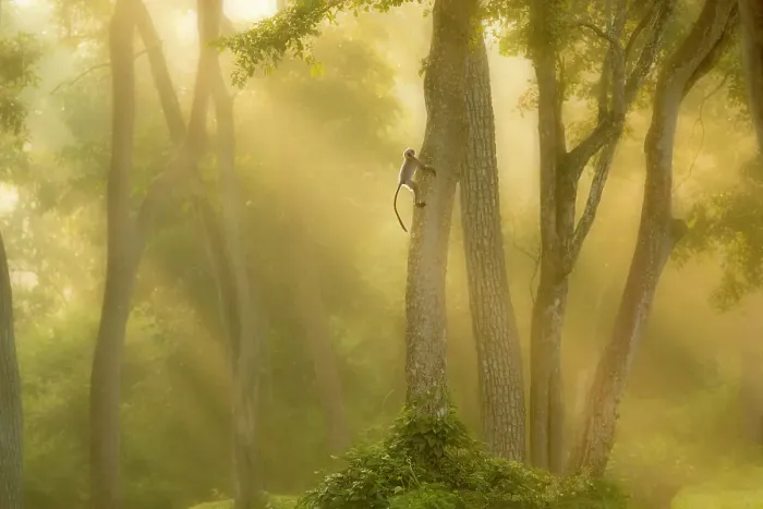 Framed Print : Langur monkey (Semnopithecus) climbing tree in misty forest at dawn, India, November Framed Print : Langur monkey (Semnopithecus) climbing tree in misty forest at dawn, India, November