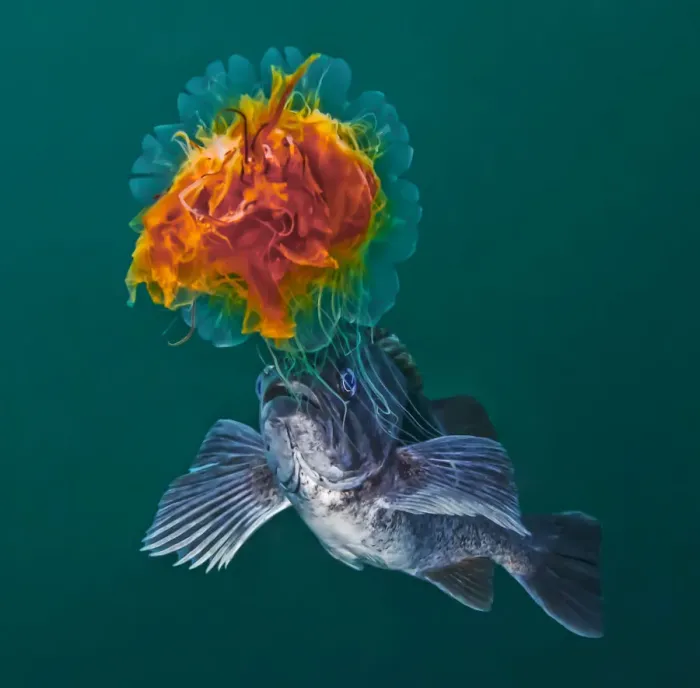 Framed Print : Lions Mane Jellyfish (Cyanea capillata) with Blue rockfish (Sebastes mystinus Framed Print : Lions Mane Jellyfish (Cyanea capillata) with Blue rockfish (Sebastes mystinus