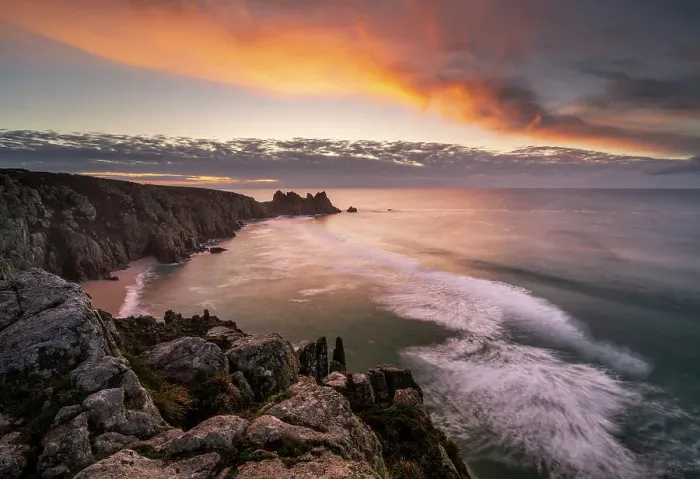 Framed Print : Logan Rock from Treen Cliff at sunearise, Porthcurno, Cornwall, England, UK. November Framed Print : Logan Rock from Treen Cliff at sunearise, Porthcurno, Cornwall, England, UK. November