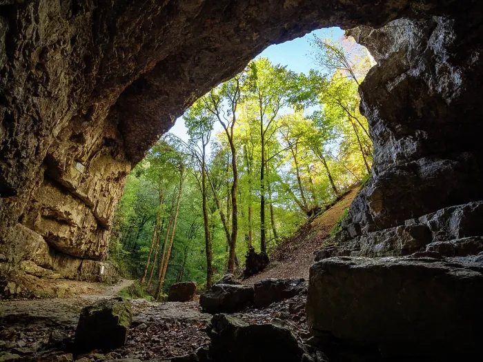 Framed Print : Looking out through cave entrance of Falkenstein Cave, Swabian Alps, Baden-Wuerttemberg, Germany. October, 2023 Framed Print : Looking out through cave entrance of Falkenstein Cave, Swabian Alps, Baden-Wuerttemberg, Germany. October, 2023