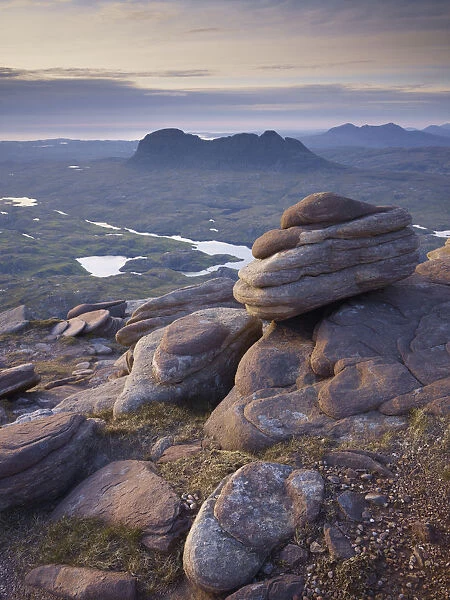 Looking northwest from Cul Mor summit, Assynt mountains, Highland, Scotland, UK
