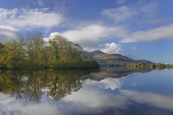 Lough Lean lower, with Innisfallen island and Macgillycuddys reeks, photographed