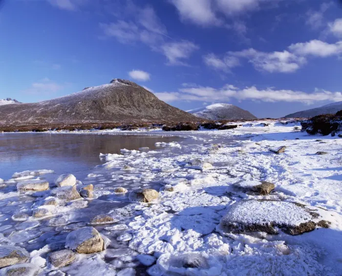 Framed Print : Lough Shannagh with light covering of snow on the beach and Doan peak in the background Framed Print : Lough Shannagh with light covering of snow on the beach and Doan peak in the background