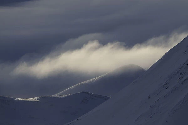 Low clouds over snow covered hills, Dovrefjell National Park, Norway, February 2009