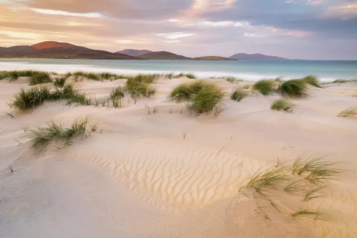 Framed Print : Luskentyre beach / sands, marram grasses and early morning sunlight, Isle of Harris, Outer Hebrides, Scotland, UK. October 2018