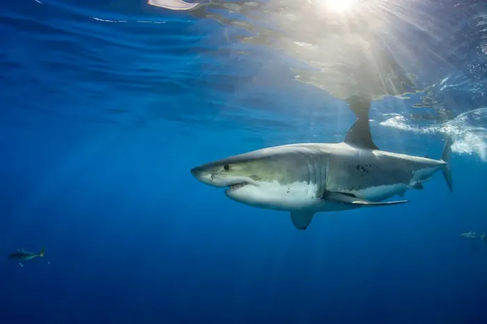Framed Print : Male Great white shark (Carcharodon carcharias) with sunrays, Guadalupe Island, Mexico Framed Print : Male Great white shark (Carcharodon carcharias) with sunrays, Guadalupe Island, Mexico