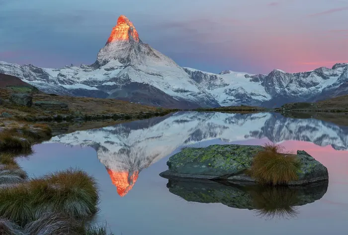 Framed Print : Matterhorn (4, 478m) at sunrise, with reflection in Lake Stellisee, Zermatt, Switzerland, September 2012 Framed Print : Matterhorn (4, 478m) at sunrise, with reflection in Lake Stellisee, Zermatt, Switzerland, September 2012