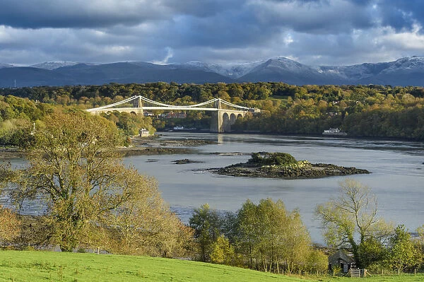 Menai Strait and Telford suspension bridge. Isle of Anglesey, Wales, October 2018