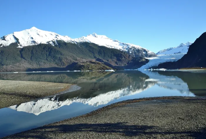 Framed Print : Mendenhall Lake and the retreating Mendenhall Glacier, Juneau, Alaska, USA. May, 2023