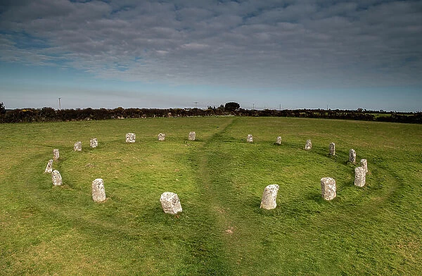 The Merry Maidens of Boleigh, a late Stone age  /  early Bronze Age (2500-1500BC) stone circle, near Penzance, Cornwall, England, UK. March, 2022