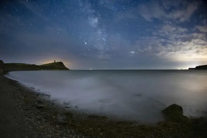 Framed Print : The Milky Way with Saturn and Jupiter in the night sky over Kimmeridge Bay