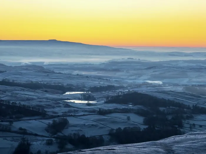 Framed Print : Misty dawn landscape looking towards Ingleborough in the Yorkshire Dales at sunrise, from Wansfell, Lake District, Cumbria, UK. December, 2022 Framed Print : Misty dawn landscape looking towards Ingleborough in the Yorkshire Dales at sunrise, from Wansfell, Lake District, Cumbria, UK. December, 2022