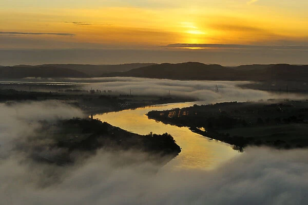 A misty morning view looking down the River Tay in autumn, Kinnoull Hill Woodland Park