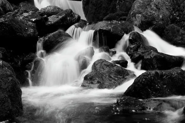 Framed Print : Monochrome image of waterfall breaking on rocks at the base of Lodore Falls, Lake District NP, Cumbria, England, UK, November Framed Print : Monochrome image of waterfall breaking on rocks at the base of Lodore Falls, Lake District NP, Cumbria, England, UK, November