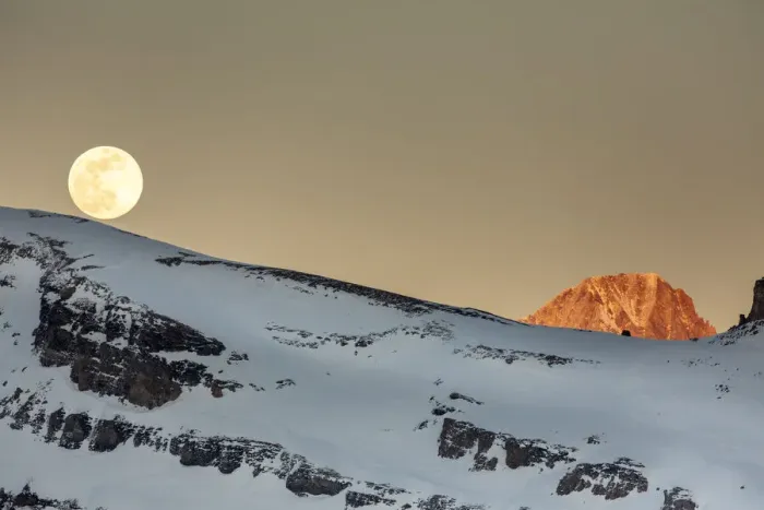 Framed Print : Moonrise over a mountain landscape in the evening. Leukerbad, Wallis, Valais