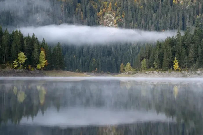 Framed Print : Morning mist over Black Lake, Durmitor NP, Montenegro, October 2008 Framed Print : Morning mist over Black Lake, Durmitor NP, Montenegro, October 2008