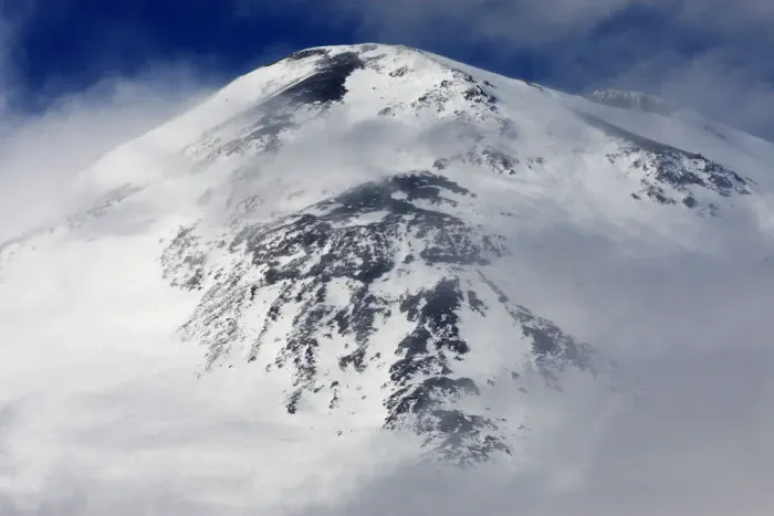 Framed Print : Mount Elbrus, the highest mountain in Europe (5, 642m) surrounded by clouds, Caucasus