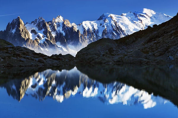 Mountain landscape, Lac Blanc with Aiguilles de Chamonix, Mont Blanc (4, 810m) far right