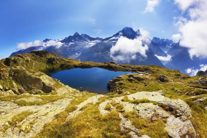 Framed Print : Mountain landscape, Lacs des Cheserys and Aiguilles Rouges, Haute Savoie, France