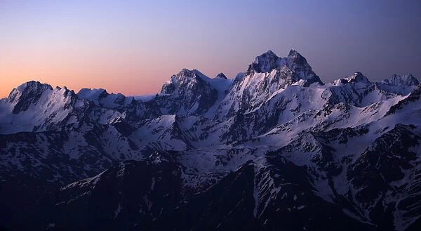 Mountain panorama before sunrise, highest mountain is Ushba (4, 710m) just on the