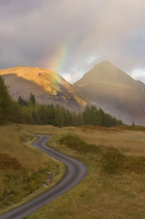 Framed Print : Mountain road with rainbow in Glen Etive, Argyll, Scotland, UK, October 2007 Framed Print : Mountain road with rainbow in Glen Etive, Argyll, Scotland, UK, October 2007