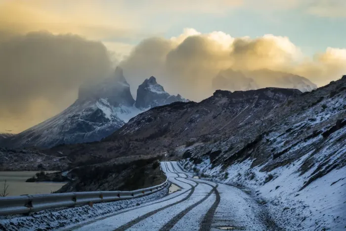 Framed Print : Mountainous landscape in Torres del Paine National Park, with mountains behind, Chile, June 2015 Framed Print : Mountainous landscape in Torres del Paine National Park, with mountains behind, Chile, June 2015