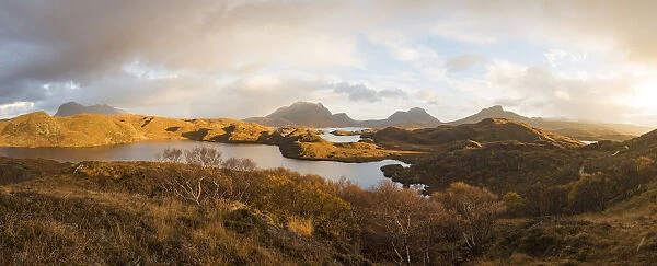 Mountains of Assynt and Loch Sionasgaig in the rain, Sutherland, Scotland, UK. November