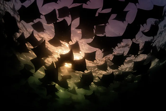 Framed Print : Munk's devil rays (Mobula munkiana) large shoal aggregating underwater, silhouetted in evening sunlight, La Ventana, Baja California, Mexico, Sea of Cortez Framed Print : Munk's devil rays (Mobula munkiana) large shoal aggregating underwater, silhouetted in evening sunlight, La Ventana, Baja California, Mexico, Sea of Cortez