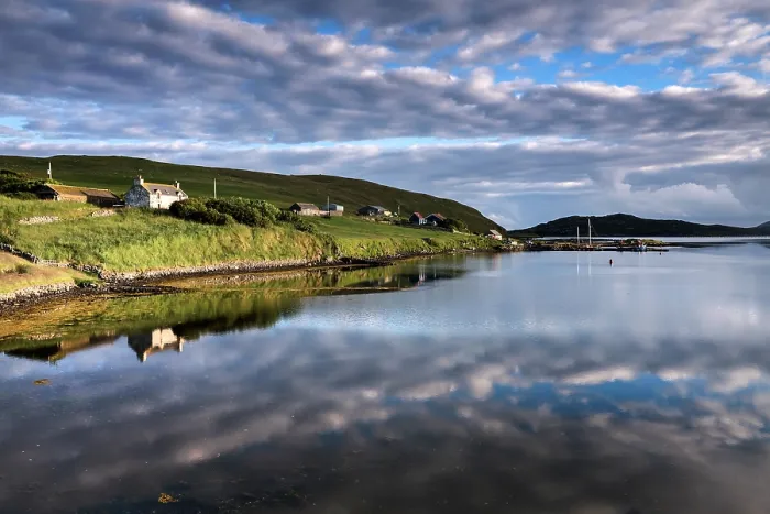 Framed Print : Noonsbrough village along water's edge with reflection of clouds, Voe of Clousta, west Mainland, Shetland Islands, Scotland, UK. July, 2017 Framed Print : Noonsbrough village along water's edge with reflection of clouds, Voe of Clousta, west Mainland, Shetland Islands, Scotland, UK. July, 2017