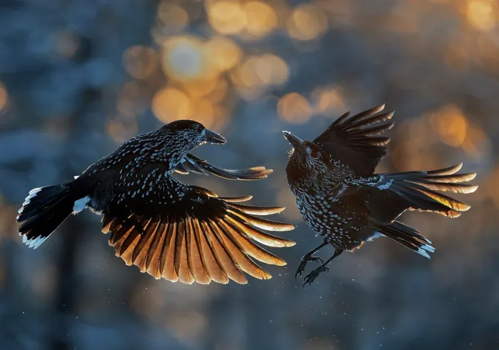 Framed Print : Two Northern nutcrackers (Nucifraga caryocatactes) fighting, Sipoo, Finland. November Framed Print : Two Northern nutcrackers (Nucifraga caryocatactes) fighting, Sipoo, Finland. November