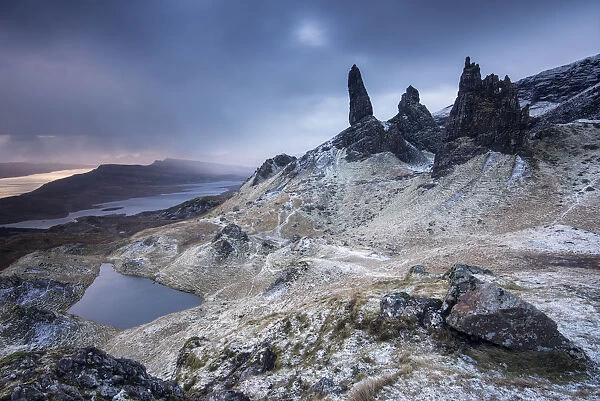 The Old Man of Storr at dawn, the Isle of Skye, Scotland, UK. December 2013
