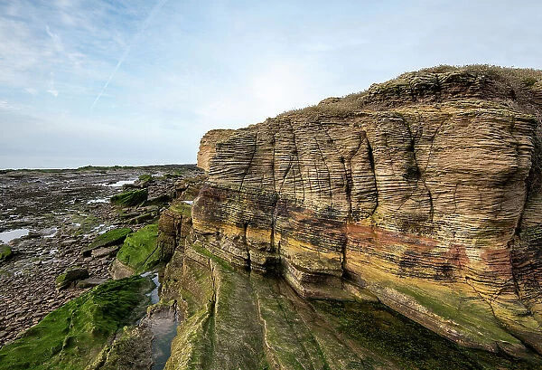 Outcrop of Triassic age, Sherwood Sandstone on Hilbre Island, the sandstone displays fluvial cross-bedding due to deposition in a river, off West Kirby, Wirral, UK. January, 2021