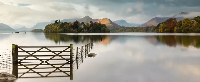 Framed Print : Panoramic view of Derwent Water, fence, gate and flooding, looking to Catbells mountain, near Keswick, The Lake District, Cumbria, UK. October 2012 Framed Print : Panoramic view of Derwent Water, fence, gate and flooding, looking to Catbells mountain, near Keswick, The Lake District, Cumbria, UK. October 2012