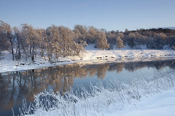 Partially frozen River Spey in winter, Cairngorms NP, Scotland, UK, December 2012