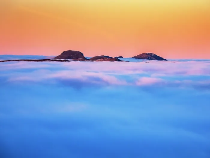 Framed Print : Peaks of Great Gable and Pillar poking out of blanket of cloud created by temperature inversion at dawn, as seen from Red Screes, Lake District, Cumbria, UK, January 2022 Framed Print : Peaks of Great Gable and Pillar poking out of blanket of cloud created by temperature inversion at dawn, as seen from Red Screes, Lake District, Cumbria, UK, January 2022