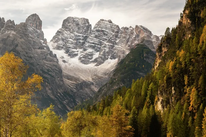 Framed Print : The Three Peaks and Monte Cristallo with autumn trees. Dolomites, Italy, October 2019 Framed Print : The Three Peaks and Monte Cristallo with autumn trees. Dolomites, Italy, October 2019